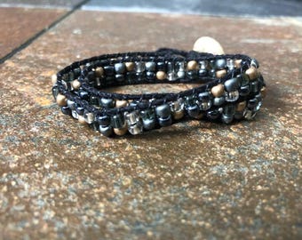 Black, silver and gold double wrap hemp bracelet, Hemp Wrap Bracelet, Beaded Wrap Bracelet, Double Wrap Bracelet, Wrap Bracelet, Bracelet