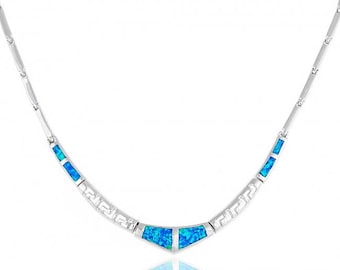 Blue Opal V-shaped Sterling Silver Necklace with Meander Pattern