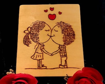 Picture with sweethearts-pirografato design-made and hand painted-thought of love-Valentine's Day gift for him-her-valentine
