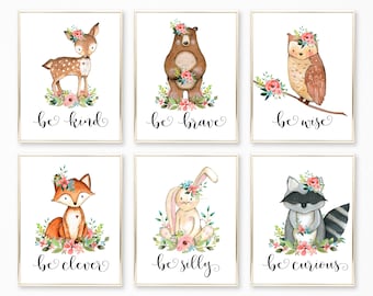 Nursery Wall Art. Woodland Nursery. Nursery Decor. Nursery Printable. Baby Girl. Nursery Art. Nursery. Woodland Nursery Art. Be kind Brave
