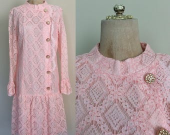 1970's Pink Lace Dropwaist Dress Retro Vintage Party Dress Size Medium Large by Maeberry Vintage