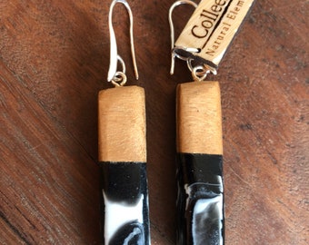 Black and white marbled stone hooked dangle earrings.