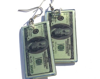 100 Dollar Bill Earrings, Hundred Dollar Earrings, Ben Franklin Earrings, Money Earrings, Dollar Earrings, Cash Earrings