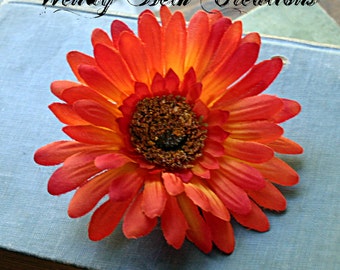 Sunset Orange Daisy Hair Clip Fascinator - Vegan, ATS, Tribal Fusion, Belly Dance, Pin Up, Wedding, Fall