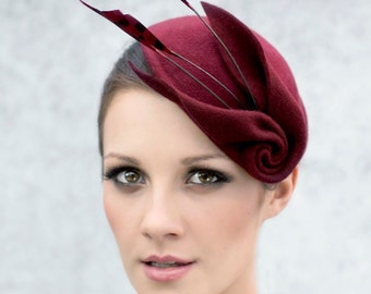 Fascinator Cocktail Hat with Feathers, Sculpted Felt Headpiece, Mini Hat, Ascot Hat - Louisa