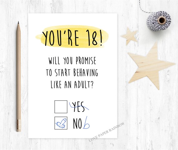 18th birthday card, funny 18th birthday card, rude 18th birthday card, adult 18th birthday card, you're 18, start acting like an adult