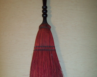 Vintage~Turned Wood Handle~Antique~Hearth Broom~Red Straw~Black Handle~Handmade~Farm~Country~27"~Primitive