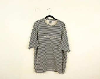 Vintage 1990s Guess Jeans USA T Shirt / y2k / Hip Hop / CK / Horizontal Stripe / Bad Boy / Blue / White / X-Large / Asap Rocky / Rare /