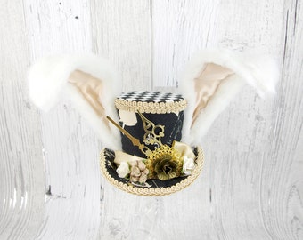 White Rabbit - Black and Beige Steampunk Medium Mini Top Hat Fascinator, Alice in Wonderland, Mad Hatter Tea Party, Derby