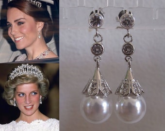Kate Middleton Duchess of Cambridge Inspired Replikate Princess Diana Round Pearl Drop Crystal Earrings