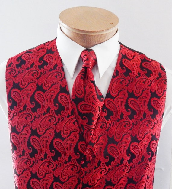 Mens Vest Red On Black Tone On Tone Satin Paisley Vest Tie And