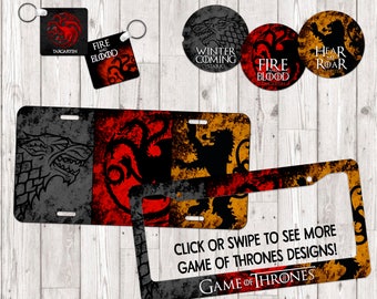 GAme of Thrones License Plate Car Coasters and Keychain House Stark Lannister Baratheon Targaryen Greyjoy Tully Tyrell Martell Bolton Tully