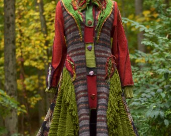 Patchwork long SWEATER COAT/ Boho Woodland style Mori girl refashioned OOAK up cycled sweaters Outerwear. Size Medium. Ready to ship