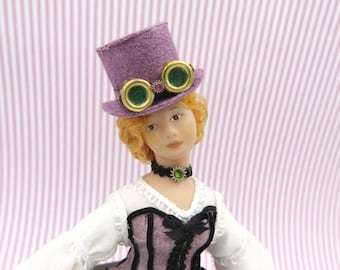 Steampunk violet hat with goggles in 1:12 scale