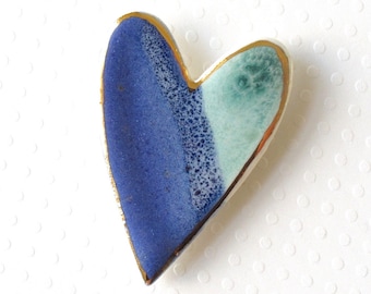 Ceramic Heart Brooch. Jade Green & Cobalt Blue. Ocean Blue. Mint Green. Porcelain. Blue Green. Denim Blue. Clay. 22K Gold Edge. Valentine
