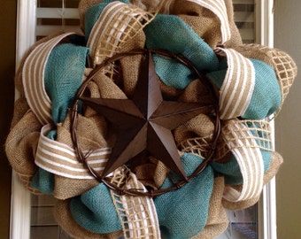 Burlap Wreath - Rustic Star Decor - Everyday Wreath - Fall Wreath - Summer Wreath - Spring Wreath - Summer Wreath for Door - Front Door Wrea