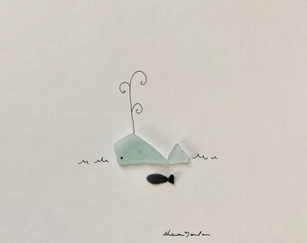 Seaglass and pebble art, Original Art, Sharon Nowlan, Sea glass and Pebble art, Beach House Decor, 6 by 8 whale and friend