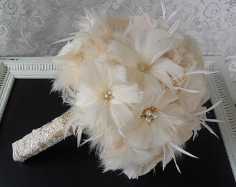 Feather Bridal Bouquet, Wedding Bouquet, Gold Bouquet, Brooch Bouquet, Gatsby Bouquet, Alternative Bouquet,Vintage Style Bouquet,MANY COLORS