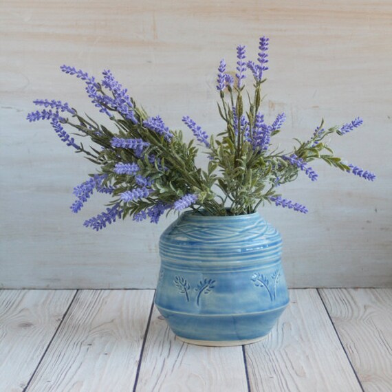 Hand Carved Pottery Vase Blue Floral Pattern Ceramic Celadon