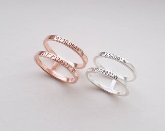 Double band ring / Dainty Coordinates Ring / Personalized Latitude Longitude Jewelry / Double bar Coordinates Ring - #CR02