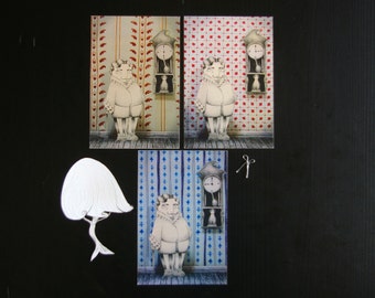 Printed card illustration set/decor man clock - blue orange red - Tanovski