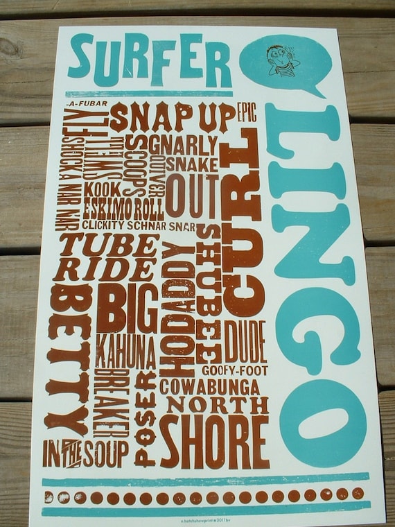 Items similar to Surfer lingo letterpress poster,beach poster on Etsy