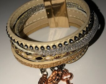Textured Leather Cuff Bracelet with Copper Charms