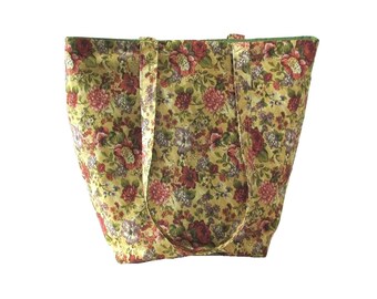 Floral Tote Bag, Cloth Purse, Handmade Handbag, Purple, Pink Flowers, Beige Fabric Bag, Shoulder Bag