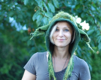 Felted hoodie with goblin ears, Yoda hat