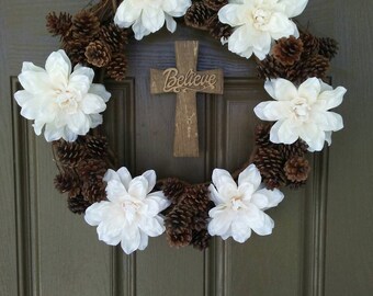 Rustic wreath, Pinecone wreath, Autumn wreath, Winter wreath, Fall Decor, Wreath with cross, wreath with flowers, Burlap mesh bow,