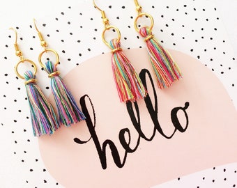 Little rainbow tassel earrings, cotton tassel dangly earrings, tassel jewellery, rainbow jewellery, multi coloured tassels, gifts for her