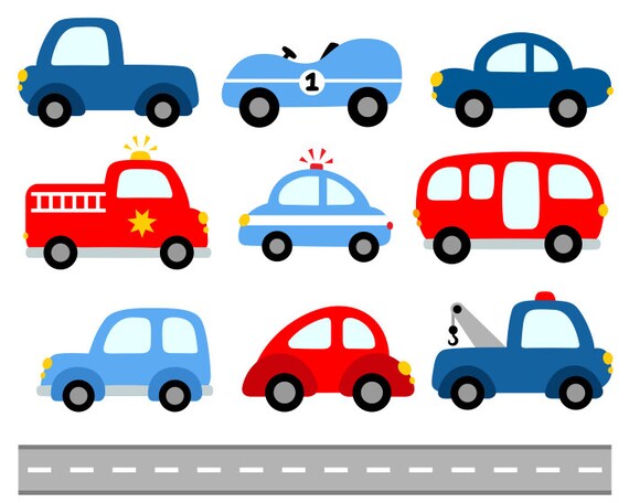 Cute Cars Digital Clip Art Transportation Clipart Blue Red