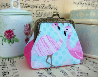 Coin purse clutch with flamingos on blue, kiss lock purse