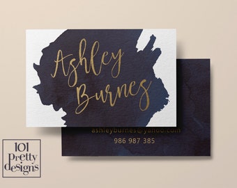 Watercolor business card template gold printable business card design gold and navy business cards custom business card gold foil makeup