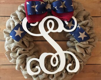 Front Door Wreath | Patriotic Burlap Wreath | Red Blue Star Wreath | Americana Wreath | Farmhouse Wreath | Rustic Wreath