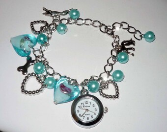 Blue Bead Watch Charm Bracelet with Greyhound or Whippet and Dog Charms