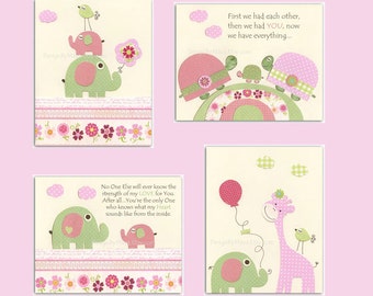 Nursery Art Prints, Baby Girl Nursery, Kids Wall Art // Colors Pink Green // Elephant Turtle Birds // Hayley Bedding // Set of 4 8x10 Print