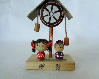 1063: Kokeshi doll, Vintage Japanese wooden Pair small Kokeshi dolls on stand ,ARTIST'S Work, signed,Handcrafted in Japan