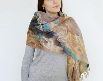 Felt scarf handmade Fashion wearable art Women art scarf Merino wool scarf Felted wrap Luxury handmade shawl Women gift Felt scarf-tippet