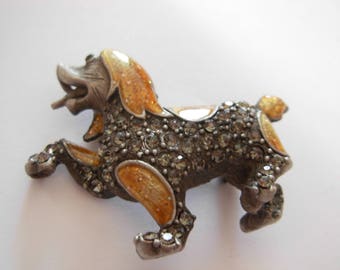 Vintage Snow Sled Dog or Husky Silver Metal, Crystal / Paste & Enamel Brooch Pin