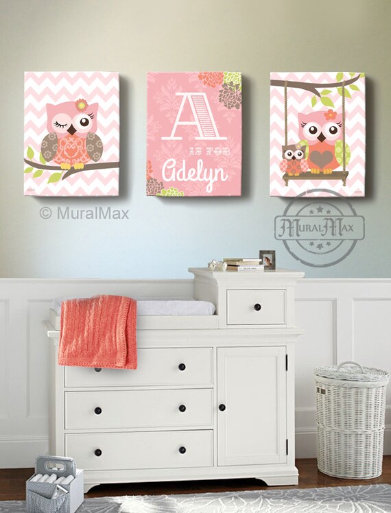 Baby Girl Nursery Wall Art OWL canvas art Baby Nursery Owl