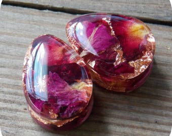 Real Rose Plugs Copper flake Plugs Pair Natural Flowers Resin Teardrop Double Flare Single Flare Wedding Valentines Unique Custom Gauge