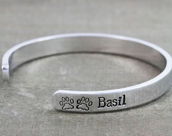 Personalized Pet Memorial Bracelet - Sympathy Gift for Loss of Pet - Sterling Silver or Aluminum Cuff - 10% Donated to Animal Rescues