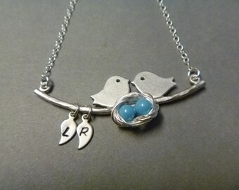Love Bird Necklace, Family of Four 4 Birds Nest Necklace in Sterling Silver Chain, Personalized Initial Necklace