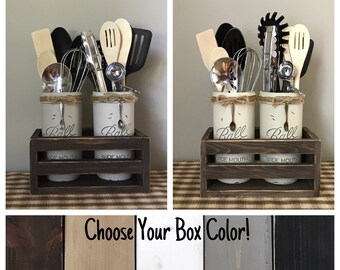 Mason Jar Utensil Holder Farmhouse Decor Rustic Country Kitchen Decor Utensil Jar Primitive Mason Jars Housewarming Gift Shabby Chic Decor