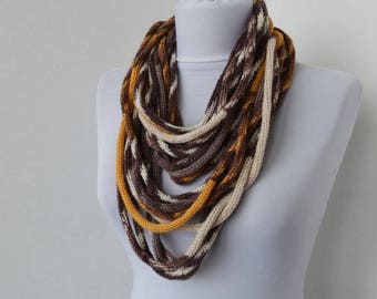 Knit Scarf Necklace, Multi strand necklace, Loop scarflette, Infinity scarf, Knitted scarflette, in ivory, ochre, taupe, brown E149
