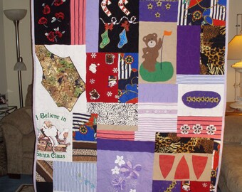 Bereavement Quilt. Colorful Personality Memory Quilt. Handmade Quilt Out of T-Shirts. Custom Recycled Clothing Quilt. Covers of Comfort
