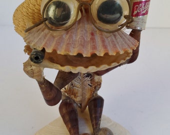 Kitsch Shell Sculpture of Glasses Wearing Frog w Cigarette and Can of Schlitz