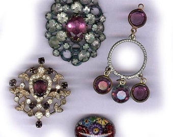 vintage findings purple COLOR BLEND rhinestone brooch cabochon floral drops antique inspiration repurposing celluloid