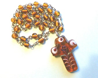 BEADED AMBER Glass Cross, Cross with Beaded Neck Chain, Vintage 1980s One of a Kind Cross Necklace, Amber Cross, Beaded Cross Necklace